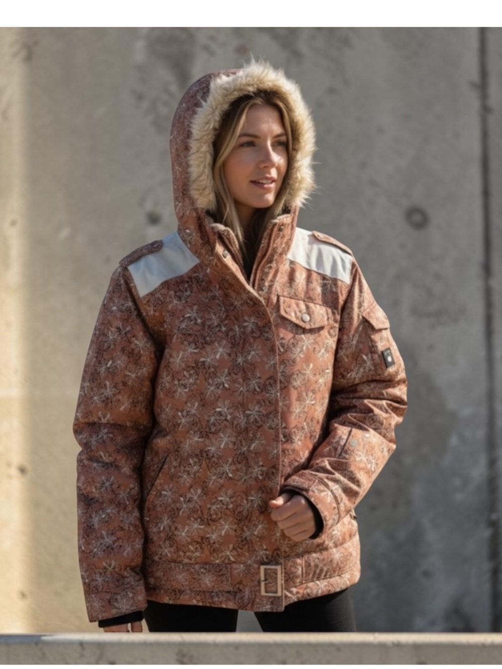 Rossignol Women's Rust Floral Ski Jacket with Faux-Fur Hood